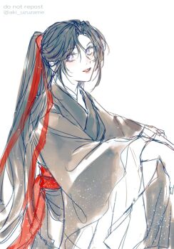 Rule 34 | 1boy, aki uzuzame, androgynous, black hair, black hanfu, chinese clothes, commentary request, eyelashes, hair ribbon, hanfu, highres, light particles, long hair, long sleeves, looking at viewer, male focus, modao zushi, parted lips, ponytail, purple eyes, red ribbon, ribbon, robe, sash, simple background, sitting, smile, solo, twitter username, wei wuxian, white background, wide sleeves