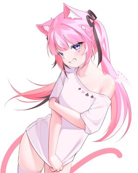 1girl absurdres animal_ears blush camila_(vtuber) cat_ears cat_girl cat_tail clothes_pull demon_girl diamond_facial_mark diamond_hair_ornament facial_mark hair_ribbon highres imp indie_virtual_youtuber long_hair looking_at_viewer mats_kuro pink_hair pulling_own_clothes purple_eyes ribbon shirt simple_background smile solo t-shirt tail thighhighs twintails virtual_youtuber white_background wings