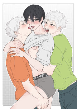 3boys absurdres bite_mark bite_mark_on_neck blood blood_on_teeth blush border boxers clothes_lift commentary_request dual_persona ear_blush from_side green_shirt grey_male_underwear group_sex hand_on_another&#039;s_chest hand_on_another&#039;s_leg highres hikaru_ga_shinda_natsu indou_hikaru indou_hikaru_(human) lifting_another&#039;s_clothes male_focus male_underwear mmm_threesome mole mole_on_cheek mole_under_eye mole_under_mouth multiple_boys multiple_moles navel neck_blush no_pants nose_blush one_eye_closed open_mouth orange_shirt outline outside_border shirt shirt_lift short_eyebrows short_hair sono_nu teeth thighs threesome tongue tongue_out tsujinaka_yoshiki underwear undressing_another white_border white_hair white_outline yaoi