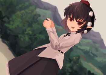1girl black_ribbon black_skirt brown_eyes brown_hair collared_shirt commentary frilled_skirt frills garakuraku hat holding long_sleeves looking_at_viewer neck_ribbon open_mouth outdoors pointy_ears pom_pom_(clothes) red_hat ribbon shameimaru_aya shirt skirt smile solo tokin_hat touhou white_shirt