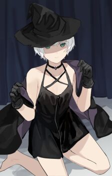 1boy armpit_crease barefoot bed_sheet black_dress black_gloves black_hat cloak_lift closed_mouth collarbone commentary_request crossdressing crossdressing_(mtf) curtains dress full_body gloves green_eyes hands_up hat highres looking_at_viewer male_focus original partial_commentary shaded_face short_hair single_bare_shoulder sitting solo sunaba_(nczd5875) trap white-haired_boy_(sunaba_(nczd5875)) white_hair witch_hat yokozuwari zipper_dress