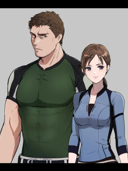 Rule 34 | 1boy, 1girl, beard stubble, blue eyes, blue shirt, brown hair, chris redfield, daisy mk 589, facial hair, green shirt, grey background, highres, jill valentine, long hair, low ponytail, ponytail, resident evil, shirt, simple background, stubble