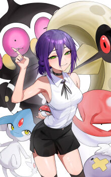 1girl azelf black_choker black_hair black_shorts black_thighhighs blush breasts chainsaw_man choker claydol collared_shirt crossover drifloon gen_1_pokemon gen_3_pokemon gen_4_pokemon green_eyes grenade_pin grin hair_between_eyes hair_bun highres kiritzugu legendary_pokemon looking_at_viewer lunatone medium_breasts neck_ribbon nintendo poke_ball poke_ball_(basic) pokemon pokemon_(creature) reze_(chainsaw_man) ribbon shirt short_hair shorts sleeveless sleeveless_shirt smile thighhighs thighs voltorb white_shirt