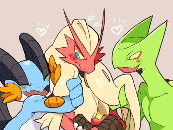 10s ban_(ban62460424) blaziken blonde_hair blue_eyes blush claws closed_mouth colored_sclera crossed_arms furry gen_3_pokemon heart hug nintendo pokemon pokemon_(creature) sceptile simple_background starter_pokemon_trio swampert sweat sweatdrop yellow_sclera
