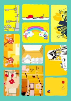 Rule 34 | arrow (projectile), balloon, blue border, border, bow (weapon), building, butcher vanity (synthesizer v), castanets, caution tape, collage, computer, crossover, cube, dat boi (meme), drink carton, emoji, flower, food, fork, gigantic o.t.n (vocaloid), hat, highres, instrument, i~ya i~ya i~ya (vocaloid), jinsei nantonaku tanoshiku ikite ikitai. (utau), knife, kyoufuu all back (vocaloid), lantern, manimani (vocaloid), meme, milk carton, multiple crossover, na ni mo no (vocaloid), no humans, paper lantern, railroad crossing, railroad signal, rainbow, raw meat, red flower, rooftop, shirt, sign, songover, steak, strobe light (vocaloid), synthesizer v, telecaster b-boy (vocaloid), triangle (instrument), unicorn, unworn hat, unworn headwear, unworn shirt, vocaloid, warning sign, watashi no miseinen kansoku (vocaloid), water tank, weapon, yaa0, yellow theme