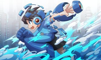 1boy android arm_cannon blue_eyes blue_helmet bodysuit brown_hair commentary english_commentary helmet highres male_focus mega_man_(character) mega_man_(classic) mega_man_(series) open_mouth robot running tagme transformation ultimatemaverickx weapon