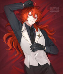 Rule 34 | 1boy, black gloves, black necktie, black pants, black shirt, diluc (genshin impact), genshin impact, gloves, hair between eyes, highres, hiki yuichi, long hair, long sleeves, lying, male focus, necktie, pants, red eyes, red hair, shirt, solo, vest, white vest