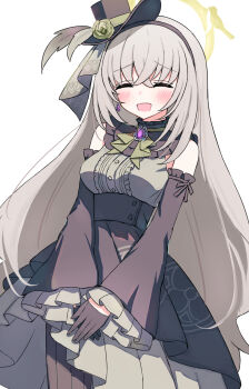 Rule 34 | 1girl, black dress, blue archive, blush, breasts, closed eyes, cowboy shot, detached sleeves, dress, facing viewer, frilled dress, frills, grey hair, halo, hat, highres, medium breasts, mini hat, mini top hat, sakurako (blue archive), sakurako (idol) (blue archive), sateto (user knrf2332), smile, solo, top hat, white background