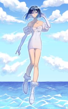 1girl absurdres alien_stage bare_shoulders black_hair blue_hair blue_sky boots bow breasts chest_bow closed_mouth cloud cloudy_sky collarbone colored_inner_hair day dress earrings elbow_gloves full_body fur-trimmed_boots fur_trim gloves hair_between_eyes hairband hand_up hashtag-only_commentary highres jewelry juliet_sleeves long_sleeves looking_at_viewer medium_breasts multicolored_hair ocean outdoors pom_pom_(clothes) pom_pom_earrings puffy_sleeves purple_eyes short_dress short_hair sky sleeveless sleeveless_dress smile solo strapless strapless_dress sua_(alien_stage) white_boots white_bow white_dress white_gloves white_hairband yaginori