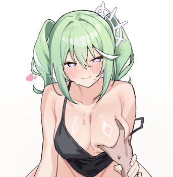 1boy 1girl absurdres armpit_crease black_camisole blush bottomless breasts bright_pupils camisole closed_mouth commentary deep_skin grabbing_another's_breast green_hair groping hair_between_eyes heart highres korean_commentary large_breasts long_bangs looking_at_viewer maksagwa medium_hair multicolored_hair no_bra one_breast_out out-of-frame_censoring out_of_frame purple_eyes seductive_smile shiny_skin simple_background smile spaghetti_strap split_mouth stellive strap_slip streaked_hair sweat twintails upper_body virtual_youtuber white_background white_pupils yuzuha_riko