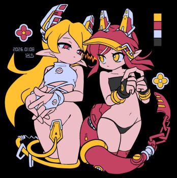 2girls black_background black_panties convenient_censoring looking_at_another multiple_girls navel no_panties original panties pointy_ears ramudia_(lamyun) red_eyes tail underwear yellow_eyes