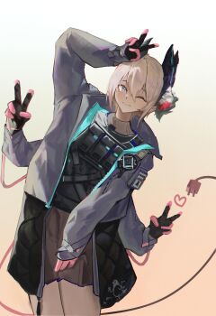 1girl ;) absurdres arknights black_gloves closed_mouth cowboy_shot electric_plug electric_plug_tail extra_arms gloves grey_eyes grey_hair grey_jacket hair_between_eyes heart highres jacket leaning leaning_to_the_side long_sleeves looking_at_viewer minami_(minamijkol) one_eye_closed open_clothes open_jacket pink_eyes pink_gloves raidian_(arknights) short_hair smile solo standing tail v v_over_head