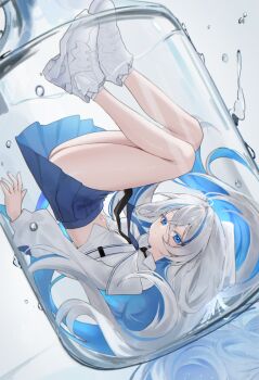 1girl ass bare_legs black_necktie blue_eyes blue_hair blue_skirt breasts closed_mouth collared_shirt commentary_request commission crop_top expressionless glass_container highres in_container korean_commentary kumari2311 long_hair long_sleeves looking_at_viewer medium_breasts midriff miniskirt multicolored_hair navel necktie original pleated_skirt shirt shoes skirt socks solo stomach streaked_hair thighs two-tone_hair upside-down very_long_hair white_hair white_shirt white_shoes white_socks