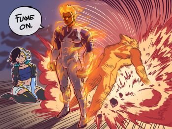 1boy 1girl black_boots black_hair blue_bodysuit bodysuit boots breasts english_text fire highres human_torch if_we_win_i'll_sit_on_your_face_(meme) jacket johnny_storm large_breasts luna_snow marvel marvel_rivals meme multicolored_bodysuit multicolored_hair one-punch_man open_clothes open_jacket parody short_shorts shorts speech_bubble split-color_hair superhero_costume thigh_boots tina_fate two-tone_bodysuit two-tone_hair white_bodysuit white_hair white_shorts
