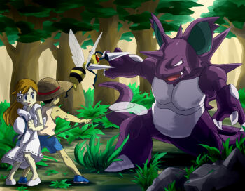 1boy 1girl battle beedrill brown_hair bug_catcher_(pokemon) donnpati dress forest gen_1_pokemon hat lady_(pokemon) long_hair nature nidoking nintendo npc_trainer pokemon pokemon_(creature) protecting shorts tree