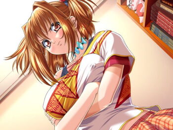 1girl angry breasts crossed_arms dutch_angle game_cg large_breasts orange_hair red_fox yokota_mamoru