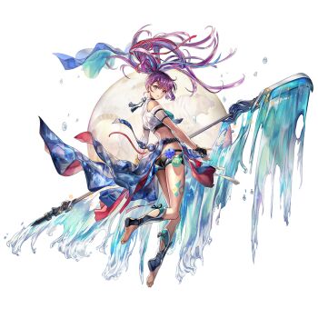 1girl another_eden another_eden_art_team black_gloves black_shorts blue_choker blue_eyes blue_ribbon blue_sash blush breasts choker fingerless_gloves foran_(another_eden) from_side full_body gloves grey_eyes highres holding holding_polearm holding_weapon large_breasts long_hair looking_at_viewer moon narrow_waist octopus official_art open_mouth panda parted_lips polearm ponytail purple_hair red_ribbon ribbon rope sash short_shorts shorts sidelocks silhouette solo swimsuit thighhighs tiger water weapon wet