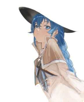 1girl arms_at_sides blending blue_eyes blue_hair braid brown_capelet brown_dress capelet closed_mouth commentary double-parted_bangs dress expressionless hair_between_eyes hat high_collar long_hair long_sleeves looking_at_viewer looking_down looking_to_the_side mushoku_tensei roxy_migurdia sidelocks sideways_glance simple_background solo upper_body white_background wide_brim widle_(uidoru)