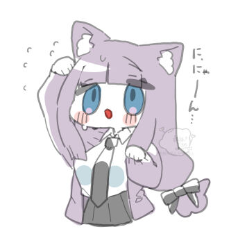 animal_ear_fluff animal_ears arm_up black_bow black_necktie black_skirt blue_eyes blunt_bangs blush blush_stickers bow breasts cardigan cat_ears cat_girl chibi chibi_only clenched_hand clenched_hands commentary_request flat_color hair_bow highres large_breasts long_hair necktie oimotororo1116 open_cardigan open_clothes original purple_cardigan purple_hair shirt signature simple_background sketch skirt sleeves_past_wrists straight_hair sweat tachibana_(oimotororo1116) thick_eyelashes upper_body white_shirt