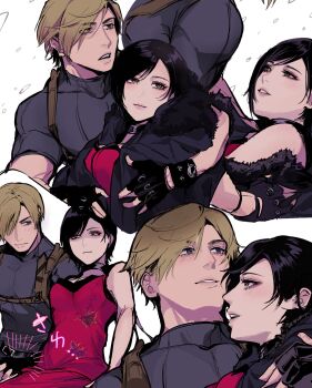 1boy 1girl ada_wong arm_around_shoulder bare_shoulders black_choker black_coat black_hair blonde_hair breasts choker coat couple dress fingerless_gloves fur-trimmed_coat fur_trim gloves grey_eyes grey_shirt hair_between_eyes hetero highres leon_s._kennedy medium_breasts multiple_views nuboo2836 parted_bangs parted_lips red_dress resident_evil resident_evil_2 shirt short_hair sleeveless sleeveless_dress upper_body white_background