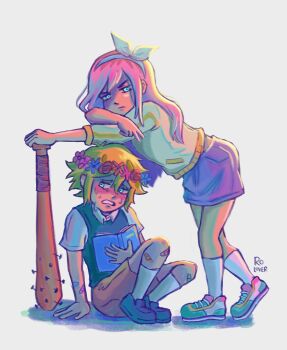 1boy 1girl antenna_hair arm_support artist_name aubrey_(faraway)_(omori) aubrey_(omori) bandaid bandaid_on_arm bandaid_on_leg basil_(faraway)_(omori) basil_(omori) blonde_hair blue_eyes blue_hairband blue_skirt blush brown_shorts closed_mouth collared_shirt commentary denim denim_skirt derivative_work double-parted_bangs flower flower_wreath green_sweater_vest grey_background hair_between_eyes hairband head_wreath highres jacket long_hair nervous_sweating omori open_mouth pink_hair rolover10 shirt shoes short-sleeved_jacket short_sleeves shorts sidelocks simple_background sitting skirt sneakers socks sweat sweater_vest symbol-only_commentary white_jacket white_shirt white_socks