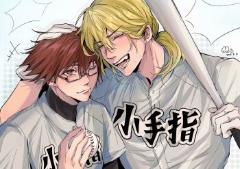 Rule 34 | 2boys, ball, baseball (object), baseball bat, baseball uniform, blonde hair, boukyaku battery, chihaya shunpei, closed mouth, commentary request, dated, fang, glasses, gloves, hair tie, hand on another's head, happy, height difference, highres, holding, holding ball, holding baseball bat, long hair, male focus, multiple boys, nekokop333, open mouth, rectangular eyewear, red-framed eyewear, red eyes, red hair, skin fang, smile, sportswear, teeth, todou aoi (boukyaku battery), tongue, upper body, white gloves