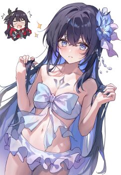 >_< 2girls absurdres bare_shoulders bikini bikini_skirt black_hair blue_eyes blue_hair blush bow breasts chest_tattoo chibi chibi_inset cleavage collarbone colored_inner_hair commentary flower frilled_bikini frills gloves hair_flower hair_ornament highres honkai_(series) honkai_impact_3rd long_hair looking_at_viewer multicolored_hair multiple_girls navel open_mouth red_gloves red_hair seele_(alter_ego) seele_vollerei seele_vollerei_(herrscher_of_rebirth) seele_vollerei_(starchasm_nyx) seele_vollerei_(summer_2023) simple_background small_breasts smile stomach swimsuit szi_f tattoo very_long_hair white_background white_bikini
