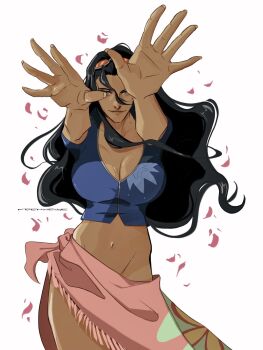 1girl 2023 artist_name black_hair blue_jacket breasts cleavage closed_mouth commentary cowboy_shot eyewear_on_head falling_petals feenwege highres jacket large_breasts long_hair looking_at_viewer navel nico_robin nico_robin_(return_to_sabaody) official_alternate_costume one_piece orange-tinted_eyewear outstretched_arms partially_unzipped petals pink_petals pink_sarong sarong simple_background smile solo tinted_eyewear white-framed_eyewear white_background zipper zipper_pull_tab