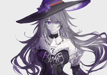 1girl ascot bare_shoulders black_choker black_dress black_hat breasts choker detached_sleeves dress flower grey_background grey_hair hat hat_flower herta_(honkai:_star_rail) highres honkai:_star_rail honkai_(series) long_hair looking_at_viewer purple_eyes purple_flower qiusanshijiuri simple_background sketch small_breasts smile solo strapless strapless_dress the_herta_(honkai:_star_rail) upper_body very_long_hair white_ascot