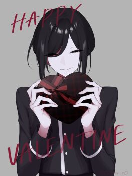 Rule 34 | 1boy, absurdres, androgynous, black eyes, black hair, black jacket, box, buttons, closed mouth, commentary request, empty eyes, english text, fingernails, grey background, hand up, happy valentine, heart-shaped box, highres, holding, holding box, jacket, kunai tadashi, long hair, long sleeves, looking at viewer, lower eyelashes only, male focus, no pupils, oo touri oo, original, pale skin, sidelocks, simple background, sleeve cuffs, smile, solo, straight-on, swept bangs, twitter username, upper body, white trim