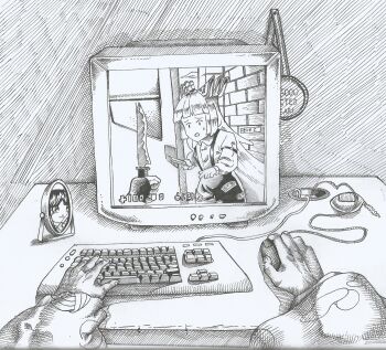 2girls closed_mouth computer computer_keyboard computer_mouse counter-strike counter-strike_(series) crt door_stuck_(meme) female_pov fujiwara_no_mokou greyscale highres holding holding_knife houraisan_kaguya knife long_hair long_sleeves meme mirror monitor monochrome multiple_girls nice_(meatbeatem3d) open_mouth playing_games pov smile touhou trolling