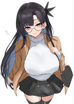 1girl alternate_costume azur_lane bag black_hair black_skirt black_thighhighs blush breasts brown_jacket casual commentary_request dupleix_(azur_lane) glasses gloves hair_ornament highres jacket large_breasts long_hair long_sleeves looking_at_viewer mole mole_under_eye purple_eyes semi-rimless_eyewear shirt shoulder_bag skirt smile soul_(dp11) thighhighs white_background white_shirt