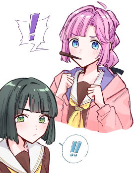 ! !! 2girls ahoge anyoji_hime black_hair black_ribbon blue_eyes blunt_bangs blunt_ends blush bob_cut brown_dress clenched_hands closed_mouth colored_speech_bubble detached_ahoge dress food food_in_mouth green_eyes hair_ribbon hasu_no_sora_school_uniform highres hood hood_down hooded_jacket jacket link!_like!_love_live! long_sleeves love_live! momose_ginko mouth_hold multi-tied_hair multiple_girls neckerchief open_clothes open_jacket pink_hair pink_jacket pocky pocky_in_mouth ponytail ribbon sailor_collar sailor_dress school_uniform short_hair sidelocks speech_bubble spoken_exclamation_mark v-shaped_eyebrows virtual_youtuber white_sailor_collar winter_uniform yellow_neckerchief zangemiya