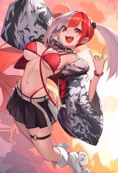 1girl absurdres bikini black_skirt blush bright_pupils chain commentary_request fate/grand_order fate_(series) full_body genshu_doki high-waist_bikini highres jacket long_hair looking_at_viewer matsunaga_hisahide_(fate) multicolored_hair navel navel_piercing open_clothes open_mouth piercing pleated_skirt print_jacket red_bikini red_eyes red_hair roller_skates skates skirt smile solo split-color_hair swimsuit thigh_strap twintails two-tone_hair white_hair white_pupils wide_sleeves