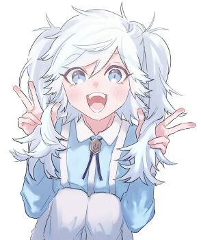 1boy androgynous blue_eyes blush bolo_tie collared_shirt highres iwakiyamayukisatoshironanogojuurokushi_akira kemono_jihen long_hair male_focus open_mouth shirt solo suspenders teeth v wao_(77_af5) white_background white_hair