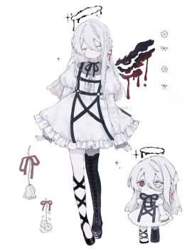 1girl asymmetrical_footwear black_boots black_ribbon black_shoes boots chibi chibi_inset closed_eyes commission dress flower frilled_dress frills full_body halo heterochromia lilium_susan long_hair long_sleeves melting_halo mismatched_footwear multiple_views neck_ribbon original red_eyes ribbon shoes short_dress single_thigh_boot single_wing skeb_commission standing thigh_boots white_background white_dress white_eyes white_flower white_hair wings