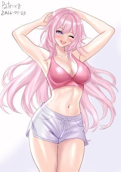 1girl ;o absurdres alternate_costume armpits artist_name breasts cleavage commentary cowboy_shot cyrene_(demiurge)_(honkai:_star_rail) cyrene_(honkai:_star_rail) dated diamond-shaped_pupils diamond_(shape) dolphin_shorts english_commentary highres honkai:_star_rail honkai_(series) large_breasts long_hair midriff navel one_eye_closed patrixzs10719 pink_hair pink_sports_bra pointy_ears purple_eyes purple_shorts shorts simple_background smile solo sports_bra symbol-shaped_pupils thighs very_long_hair