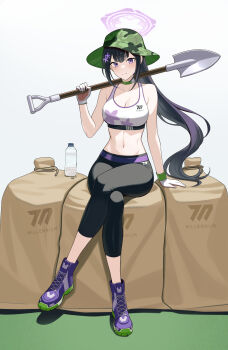 1girl artist_request bare_arms bare_shoulders belt black_hair black_pants blue_archive bottle breasts bucket_hat camouflage_hat choker cleavage commentary_request commission crop_top crossed_legs flower gloves green_choker green_hat hair_flower hair_ornament halo hat highres holding holding_shovel korean_commentary large_breasts long_hair looking_at_viewer midriff navel pants ponytail purple_eyes purple_shoes second-party_source shirt shoes shovel sitting sleeveless sleeveless_shirt solo stomach sumire_(blue_archive) track_pants very_long_hair white_gloves white_shirt