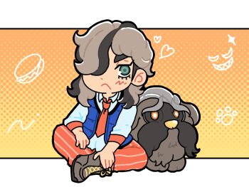 1boy :&lt; arven_(pokemon) blue_eyes blue_vest boots brown_hair chibi collared_shirt commentary_request crossed_legs dog doodle_background dot_nose full_body hair_over_one_eye hand_on_own_calf hand_on_own_foot long_hair looking_at_viewer mabosstiff male_focus multicolored_hair naranja_academy_school_uniform necktie nintendo one_eye_covered open_clothes open_vest orange_necktie orange_pants pants pokemon pokemon_(creature) pokemon_sv school_uniform shirt sitting sleeve_cuffs streaked_hair striped_clothes striped_pants vert_000 vertical-striped_clothes vertical-striped_pants vest white_shirt