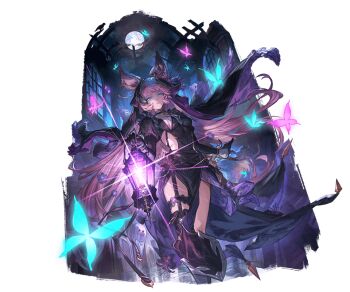 2girls animal_ear_fluff animal_ears black_cloak black_gloves blue_butterfly blue_eyes breasts bug butterfly choppy_bangs cloak clothing_cutout djeeta_(granblue_fantasy) erune expressionless facing_viewer falling_petals floating_hair full_moon garter_belt gloves glowing_butterfly granblue_fantasy halloween halloween_costume holding holding_lantern impossible_clothes insect lantern long_hair looking_at_viewer medium_breasts minaba_hideo moon multiple_girls night night_sky nun official_alternate_costume official_art parted_lips pelvic_curtain petals pink_butterfly pink_hair side_cutout sky third-party_source tien_(granblue_fantasy) transparent_background tsurime turtleneck veil very_long_hair wind wind_lift window