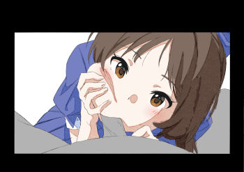 Rule 34 | 1boy, 1girl, black border, blue bow, blue shirt, border, bow, brown eyes, brown hair, cheek bulge, fellatio, hair bow, hands up, hashtag-only commentary, hetero, highres, idolmaster, idolmaster cinderella girls, idolmaster cinderella girls u149, light blush, long hair, oral, papiyon1297, penis, pov, shirt, short sleeves, simple background, straight hair, tachibana arisu, white background