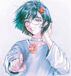 Rule 34 | 1girl, alien stage, black hair, choker, commentary, flower, glasses, grey background, hair ornament, hairclip, hand up, highres, long sleeves, looking at viewer, open mouth, purple eyes, shirt, short hair, siy (shengxiu760722), smile, solo, sua (alien stage), upper body, white choker, white shirt