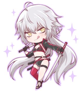 1girl ahoge bikini black_bikini chibi commentary_request cropped_jacket dual_wielding fate/grand_order fate_(series) full_body holding holding_sword holding_weapon jeanne_d&#039;arc_alter_(fate) jeanne_d&#039;arc_alter_(swimsuit_berserker)_(fate) katana long_hair red_thighhighs sheath single_thighhigh solo sparkle sparkling_aura swimsuit sword thigh_strap thighhighs tofu_(bean359) tongue tongue_out v-shaped_eyebrows very_long_hair weapon white_hair yellow_eyes