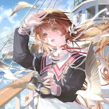 Rule 34 | 1girl, aqua hair, arm up, binoculars, bird, blue sky, boat, bracelet, camera, choker, cloud, day, facial mark, floating hair, hair ornament, hair ribbon, highres, holding, jewelry, large variant set, long hair, long sleeves, looking at viewer, original, outdoors, parted lips, purple eyes, ribbon, sailor collar, seagull, ship, shirt, sky, solo, star (symbol), star hair ornament, star symbol, tai01, twintails, upper body, variant set, water, watercraft, white shirt