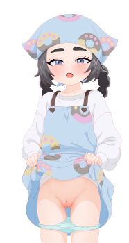 1girl :o absurdres ansha_(pokemon) apron apron_lift blue_apron censored clothes_lift commentary donut_print eyelashes food_print grey_eyes highres kurwik lifting_own_clothes loli long_sleeves mosaic_censoring nintendo open_mouth panties panty_pull pokemon pokemon_legends:_z-a pussy shirt simple_background solo teeth tongue underwear upper_teeth_only white_background white_shirt