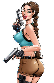 1girl aqua_sports_bra ass black_gloves braid braided_ponytail breasts brown_hair brown_shorts commentary dual_wielding english_commentary fingerless_gloves gloves green_eyes gun handgun holding holding_gun holding_weapon lara_croft large_breasts long_hair looking_at_viewer penerotic short_shorts shorts simple_background solo sports_bra tomb_raider weapon white_background