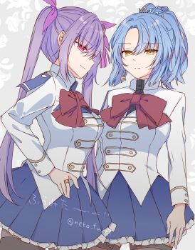 Rule 34 | 2girls, arms at sides, assault lily, benini, black thighhighs, blue hair, blue skirt, bow, bowtie, breasts, brown pantyhose, brown thighhighs, character name, closed mouth, cowboy shot, crescent, crescent earrings, earrings, floral background, frilled skirt, frills, grey background, hair between eyes, hair ornament, hair ribbon, hand on own hip, herensuge girls academy school uniform, high ponytail, highres, jacket, jewelry, light smile, long bangs, long hair, long sleeves, looking at viewer, looking to the side, makino mitake, matsumura fuuka, medium breasts, miniskirt, multiple girls, pantyhose, parted bangs, pink eyes, pleated skirt, ponytail, profile, purple hair, purple ribbon, red bow, red bowtie, ribbon, ring, school uniform, short hair, sideways glance, skirt, standing, tassel, tassel hair ornament, thighhighs, thighhighs over pantyhose, translated, twitter username, very long hair, white jacket, yellow eyes