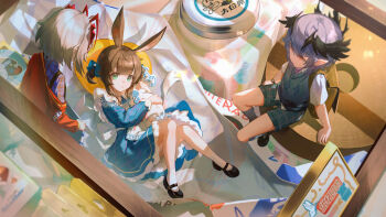 1boy 2girls age_regression aged_down amiya_(arknights) animal_ears apron arknights bag black_shoes blue_dress blue_shorts blue_vest brown_hair candy_jar commentary_request demon_girl demon_horns dress food fur-trimmed_dress fur_trim green_eyes grey_hair hair_ribbon head_wings heart heart-shaped_pillow highres horns indoors jacket lace-trimmed_apron lace_trim liu_liaoliao logos_(arknights) looking_at_viewer lying mary_janes medium_hair mini_person miniboy minigirl multiple_girls on_back orange_eyes parted_lips pillow pointy_ears rabbit_ears rabbit_girl red_jacket ribbon school_bag shirt shoes shorts size_difference sweets vest w_(arknights) white_apron white_ribbon white_shirt wings wrapping_paper