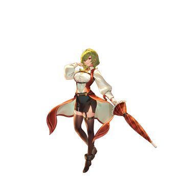 1girl alternate_costume black_boots black_skirt boots breasts brown_thighhighs closed_umbrella coat collared_shirt game_cg garter_straps highres holding holding_umbrella kazami_yuuka large_breasts long_sleeves looking_at_viewer necktie non-web_source official_art open_clothes open_coat pencil_skirt puffy_long_sleeves puffy_sleeves red_coat second-party_source shirt skirt sleeveless sleeveless_coat smile solo thighhighs touhou touhou_gensou_eclipse transparent_background u_u_zan umbrella white_shirt yellow_necktie