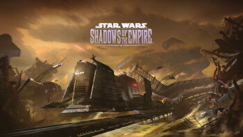 3d absurdres alien blender_(medium) cloud cloudy_sky commentary concept_art debris english_commentary floating highres junk junkyard logo machinery no_humans ord_mantell photoshop_(medium) railroad_tracks retro_artstyle science_fiction simon_fetscher sky smoke spacecraft star_wars star_wars:_shadows_of_the_empire title train trash wreckage